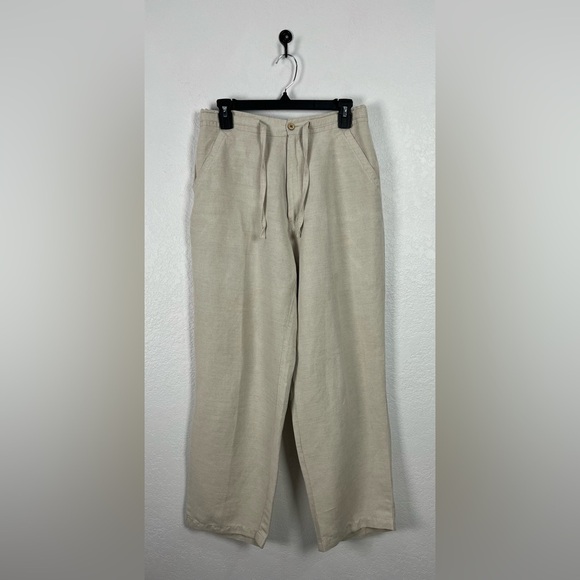 Cubavera Lounge Pants Womens Medium Tan Linen Blend Pockets Drawstring Wide Leg - Picture 1 of 8